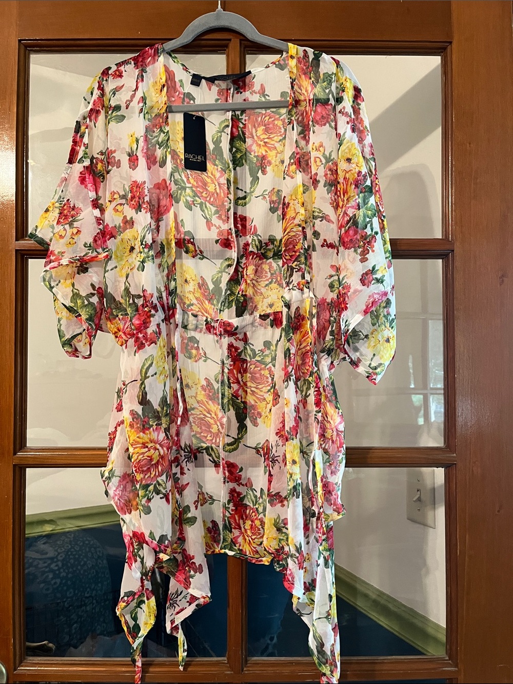 RACHEL Rachel Roy Floral Sheer Swim Coverup - White with Red, Yellow, Green